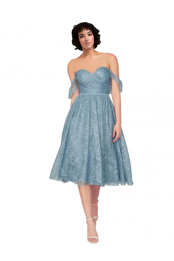 Cheap Off the Shoulder Sweetheart Chantilly Lace Midi Length Bridesmaid Dress Canada