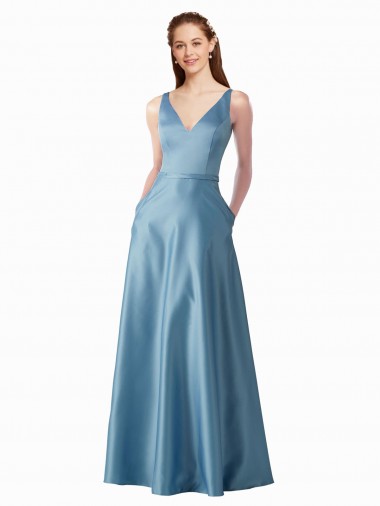 Cheap Classic Satin V-Neck A-Line Bridesmaids Dress with Pockets Canada