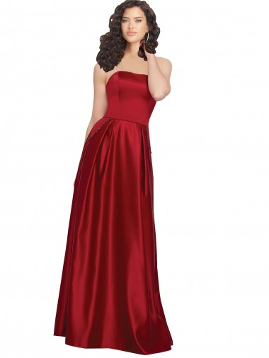 Cheap Strapless Satin Bridesmaids Dress with Beaded Pocket and Soft Pleating Canada