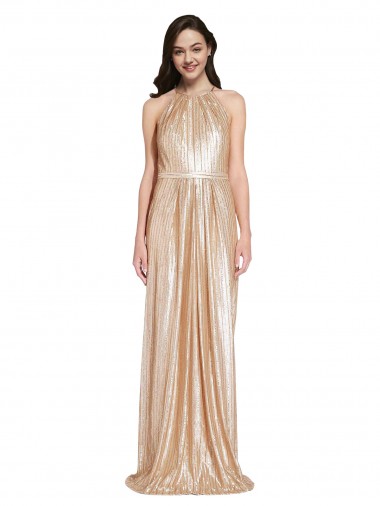 Cheap Floor Length Halter Neck Sparkling Sequin Bridesmaid Dress with Pleats Canada