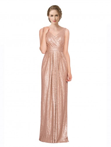 Cheap Draped V-Neck Striking Sheath Floor Length Sequin Bridesmaid Dress Canada