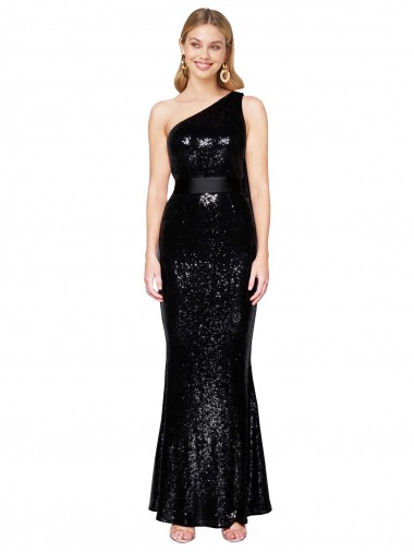 Cheap Draped One Shoulder Long Full Length Sequin Bridesmaid Dress Canada