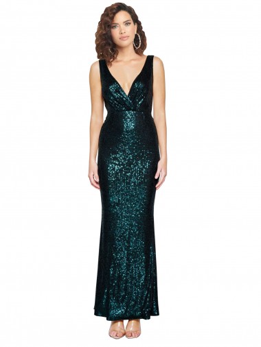 Cheap V-Neck Full Length Sequin Bridesmaid Dress with Draped Back Canada