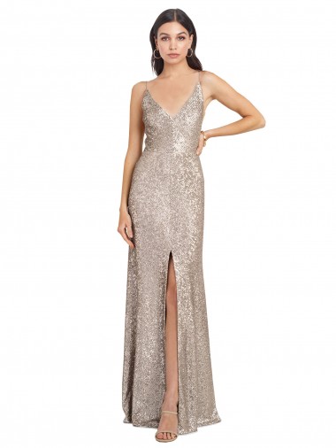 Cheap V-Neck Fully Sequin Bridesmaid Dress with V-Back and Front Slit Canada