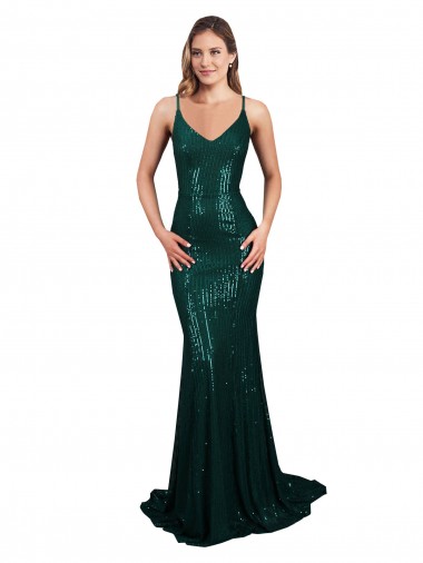 Cheap Fishtail Shaped V-Neck Open Back Long Sequin Bridesmaid Dress Canada