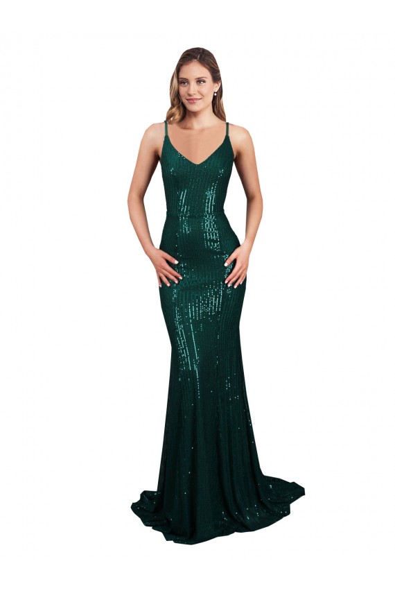 Cheap Fishtail Shaped V-Neck Open Back Long Sequin Bridesmaid Dress Canada