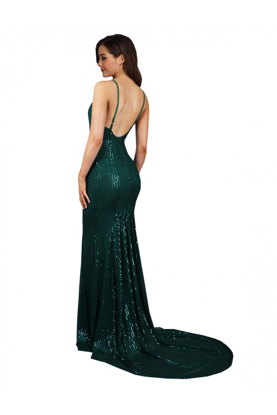 Cheap Fishtail Shaped V-Neck Open Back Long Sequin Bridesmaid Dress Canada