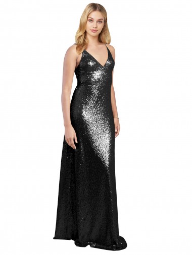 Cheap Full Length A-Line Sequin Bridesmaid Dress with Spaghetti Straps V-Neckline Canada