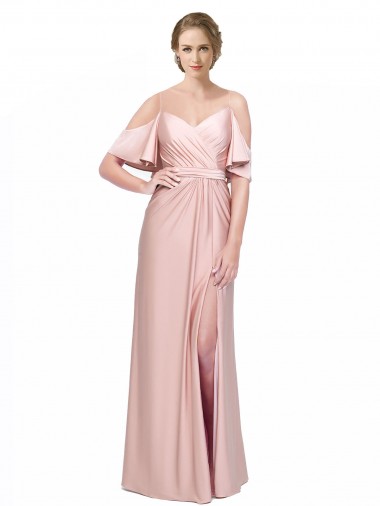 Cheap Draped Cold Shoulder Sleeves Long Silky Satin Bridesmaid Dress with Slit and Tie Back Canada