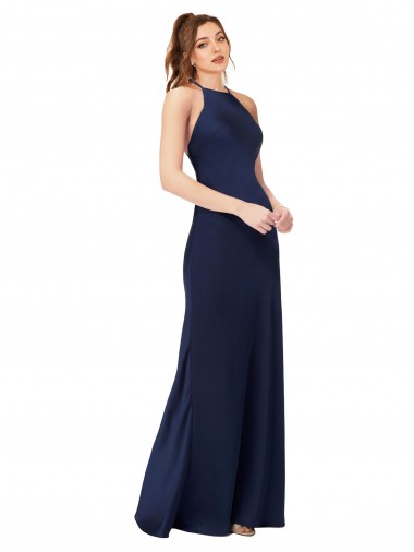 Cheap High Neck Satin Bridesmaid Dress with Strappy Back Canada