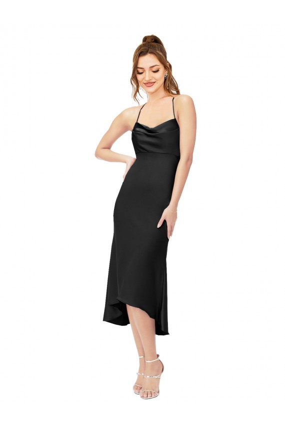 Cheap High Low Midi Silky Satin Cowl Neck Bridesmaid Dress Canada