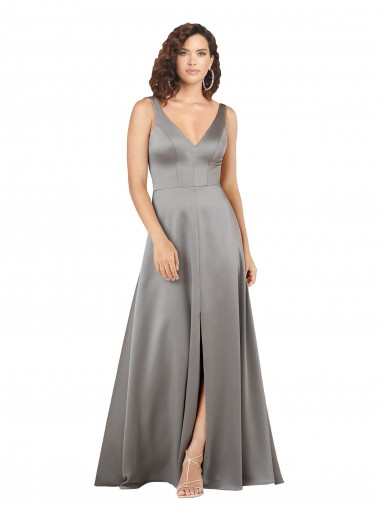 Cheap Plunging V-Neckline Long A-Line Silky Satin Bridesmaid Dress Canada