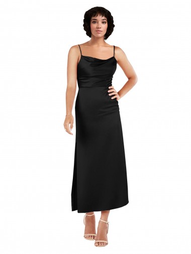 Cheap Cowl Neck Tea-Length Short Silky Satin Bridesmaid dress with Skirt Slit Canada