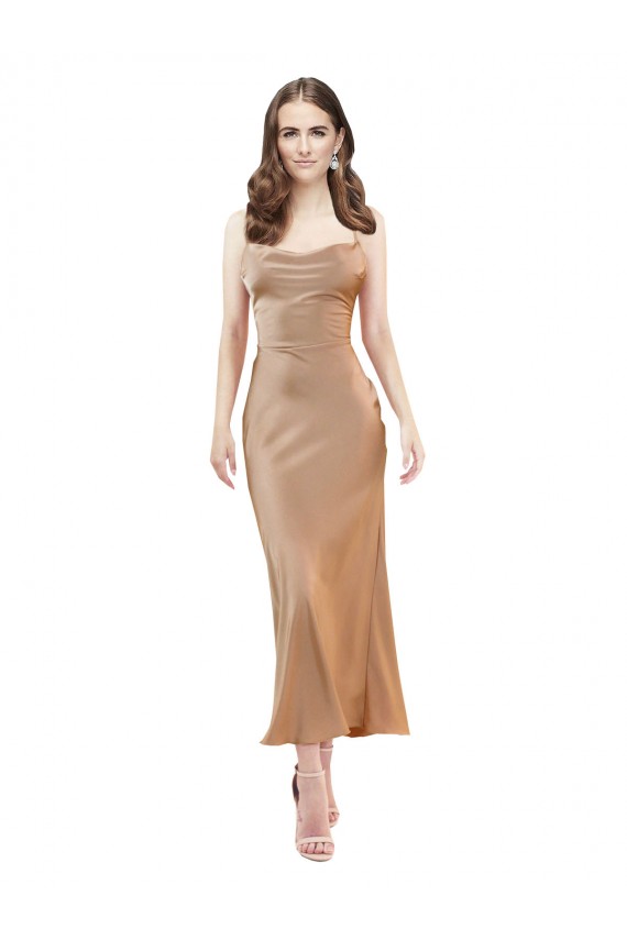 Cheap Cowl Neck Silky Satin Midi Length Bridesmaid Dress Low Back Canada