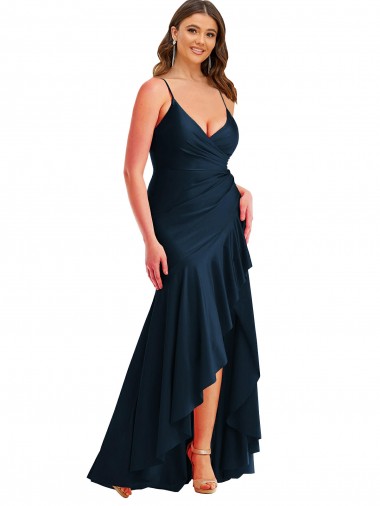 Cheap Pleated Wrap Ruffled High Low Silky Satin Bridesmaid Dress Canada