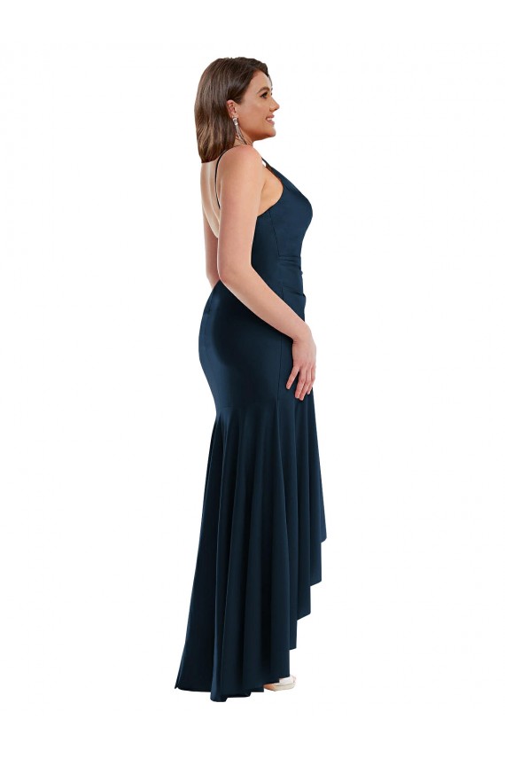 Cheap Pleated Wrap Ruffled High Low Silky Satin Bridesmaid Dress Canada