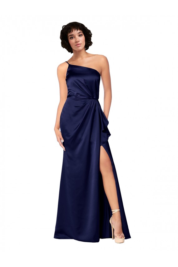 Cheap One Shoulder Silky Satin Bridesmaid Dress with Skirt Slit Canada