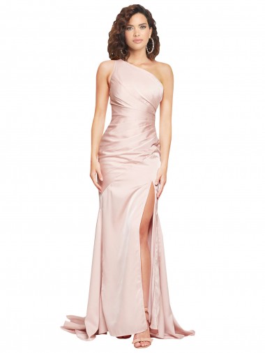 Cheap Full Length One Shoulder Long Silky Satin Bridesmaid Dress with High Split Canada