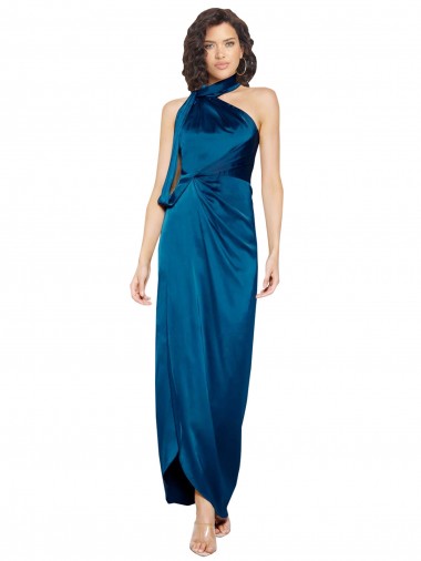 Cheap High Halter Neck Silky Satin Bridesmaid Dress with Sash Overlay and Side Split Canada