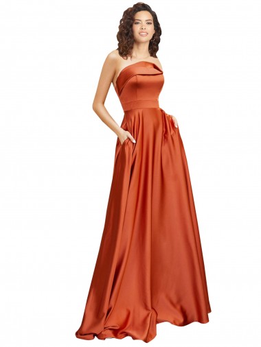 Cheap Strapless Sweep Train Silky Satin Bridesmaid Dress with Pleats Canada