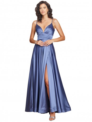 Cheap Deep V-Neck Sweetheart Long Silky Satin Bridesmaid Dress with Thigh High Slit Canada