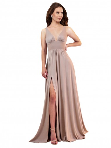 Cheap Long A-Line Plunge V-Neckline Spandex Bridesmaid Dress with Slit Canada