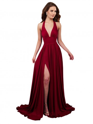 Cheap A-Line Halter Plunge V-Neckline Open Back Spandex Bridesmaid Dress with Slit Canada