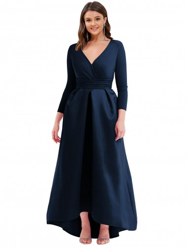 Cheap Long Sleeves Wrapped Spandex Bridesmaid Dress with High Low Full Skirt and Pockets Canada