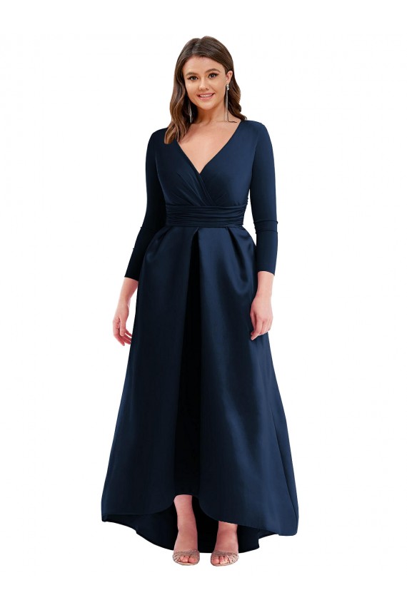 Cheap Long Sleeves Wrapped Spandex Bridesmaid Dress with High Low Full Skirt and Pockets Canada