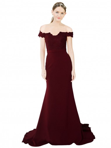 Cheap Full Length Off the Shoulder Crepe Bridesmaid Dress with Lace On Bodice and Back Canada