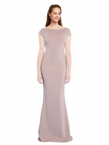 Cheap Boat Neck Cap Sleeve Crepe Bridesmaid Dress with Plunging Tie Back Canada