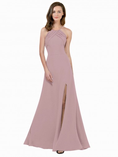 Cheap High Neck Crepe Bridesmaid Dress with Pleats and Keyhole Back Canada