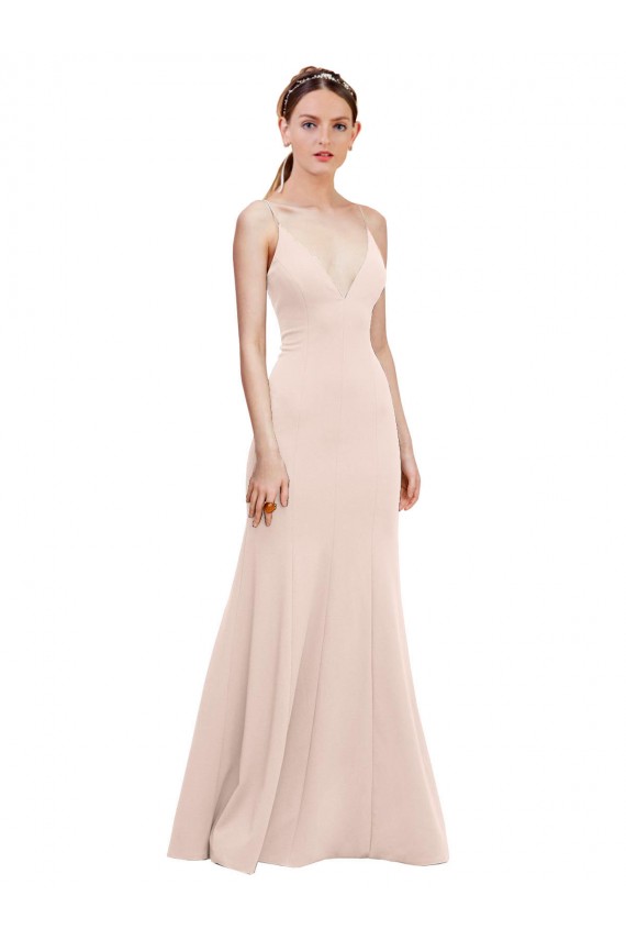 Cheap Deep V-Neck and Back Long Crepe Bridesmaid Dress Canada