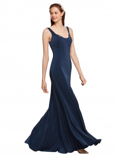 Cheap Fit and Flare Long Crepe Bridesmaid Dress with Round Neck Canada