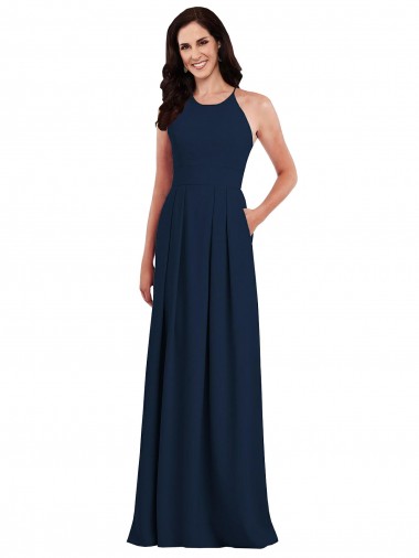 Cheap Criss Cross Back Crepe Halter Bridesmaid Dress with Pockets Canada