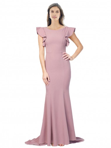 Cheap Flutter Sleeves Low V-Back High Round Neck Crepe Bridesmaid Dress Canada