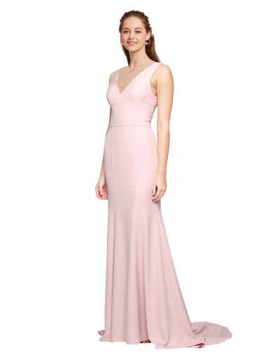 Cheap Deep V-Neckline and Back Long Sweep Train Crepe Bridesmaid Dress with Shoulder Straps Canada