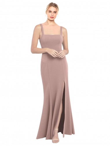 Cheap Square Neck Fit and Flare Long Stretch Crepe Bridesmaid Dress with Side Slit Canada