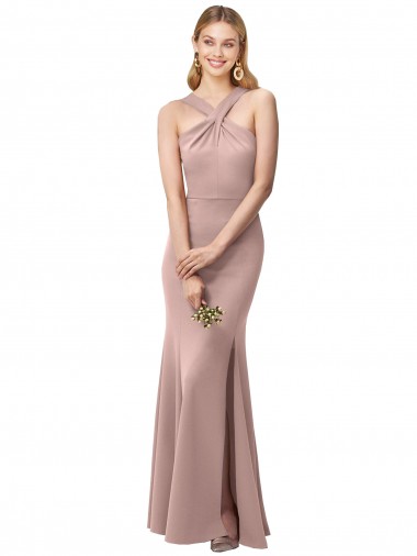 Cheap Long Floor Length High Neck Fit and Flare Stretch Crepe Bridesmaid Dress with Side Slit Canada