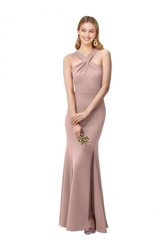 Cheap Long Floor Length High Neck Fit and Flare Stretch Crepe Bridesmaid Dress with Side Slit Canada