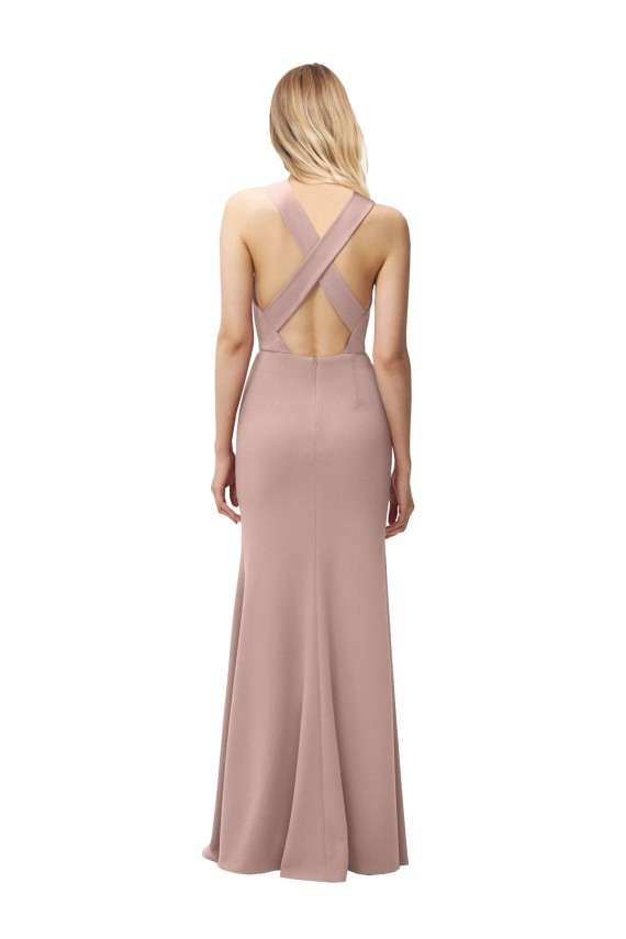 Cheap Long Floor Length High Neck Fit and Flare Stretch Crepe Bridesmaid Dress with Side Slit Canada