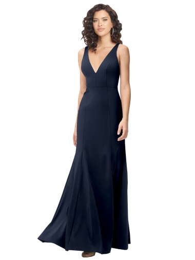 Cheap Classic V-Neck Long Stretch Crepe Bridesmaid Dress with V-Back Canada