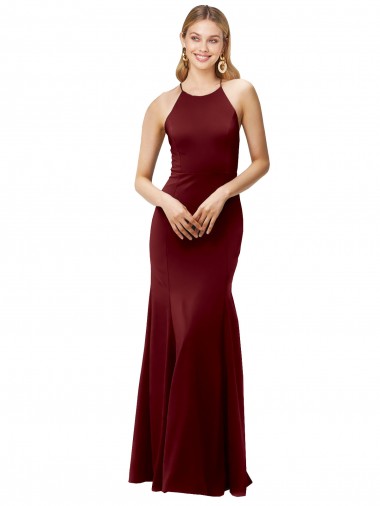 Cheap Fit and Flare Halter Neckline Stretch Crepe Bridesmaid Dress with Strappy Back Canada