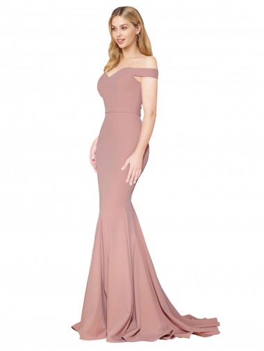 Cheap Off the Shoulder Sweetheart Long Sweep Train Crepe Bridesmaid Dress Canada