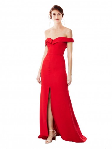 Cheap Off the Shoulder Chapel Train Crepe Bridesmaid Dress with Thigh-High slit Canada