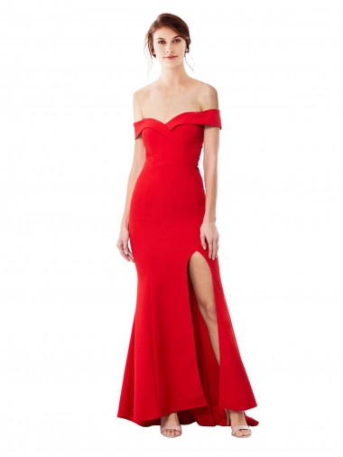 Cheap Off the Shoulder Sweetheart Maxi Crepe Bridesmaid Dress With Thigh Split and Train Canada