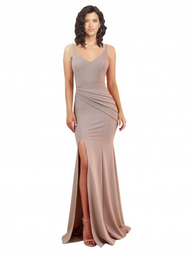 Cheap Fishtail Shape V-Neck Crepe Bridesmaid Dress with Slit Canada