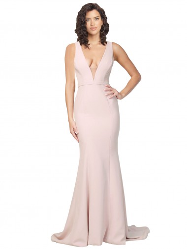 Cheap Deep Plunging V-Neckline Full Length Crepe Bridesmaid Dress with Deep V-Backline Canada