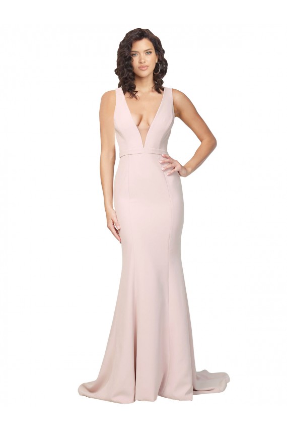 Cheap Deep Plunging V-Neckline Full Length Crepe Bridesmaid Dress with Deep V-Backline Canada