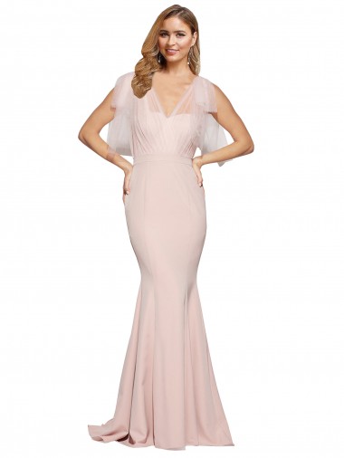 Cheap Double Bow Full Length Sweetheart Crepe Bridesmaid Dress with Tulle Overlay Canada